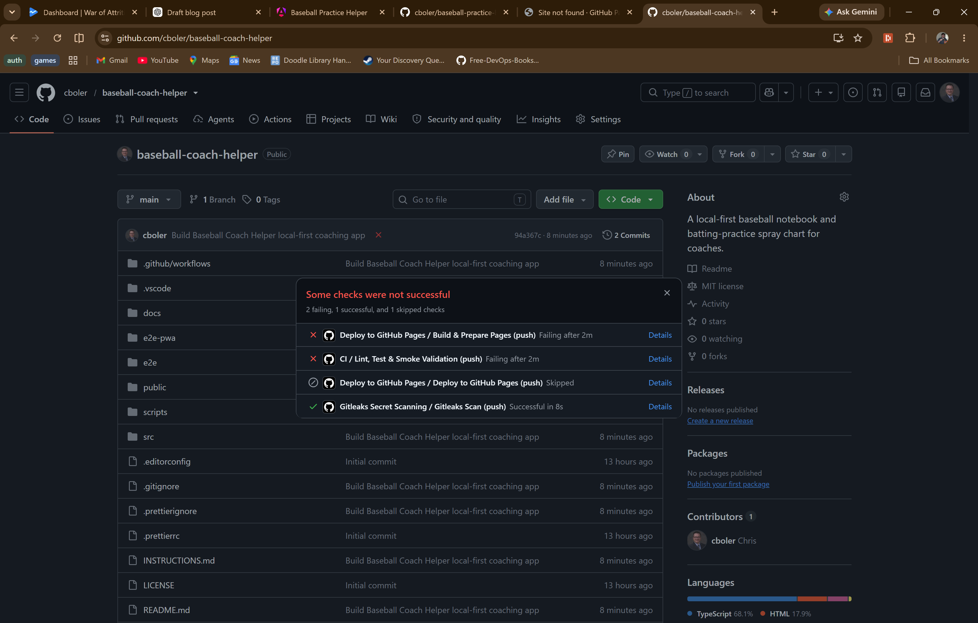 GitHub repository page showing failed status checks on baseball-coach-helper
