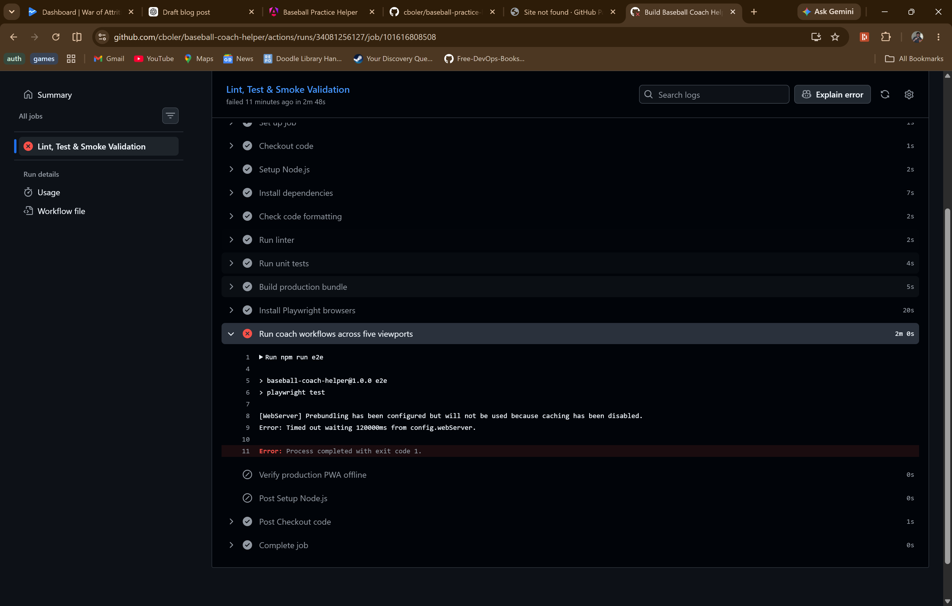 CI workflow log showing the identical Playwright timeout across five viewports