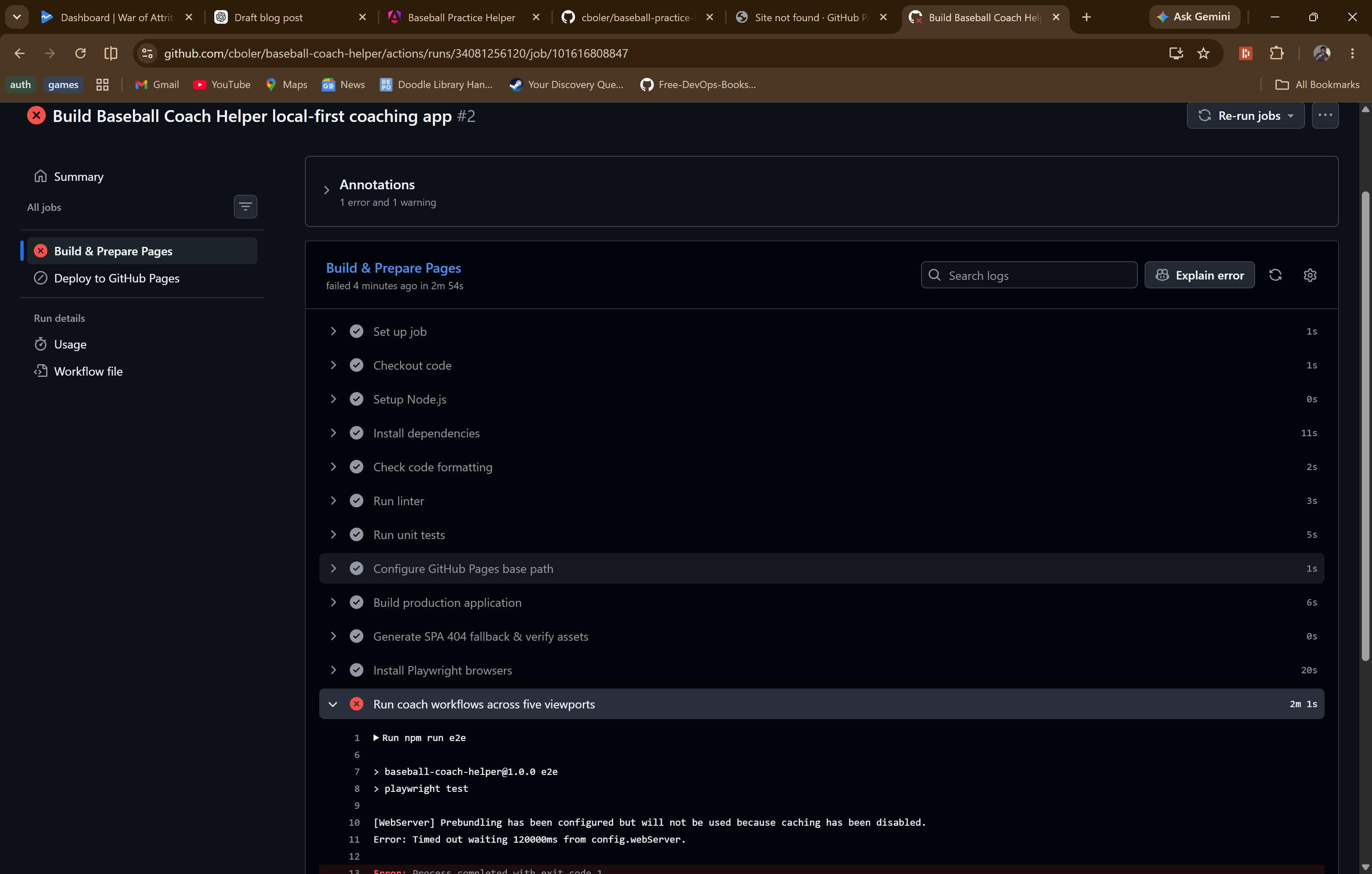 GitHub Actions log showing Playwright timeout waiting 120000ms from config.webServer
