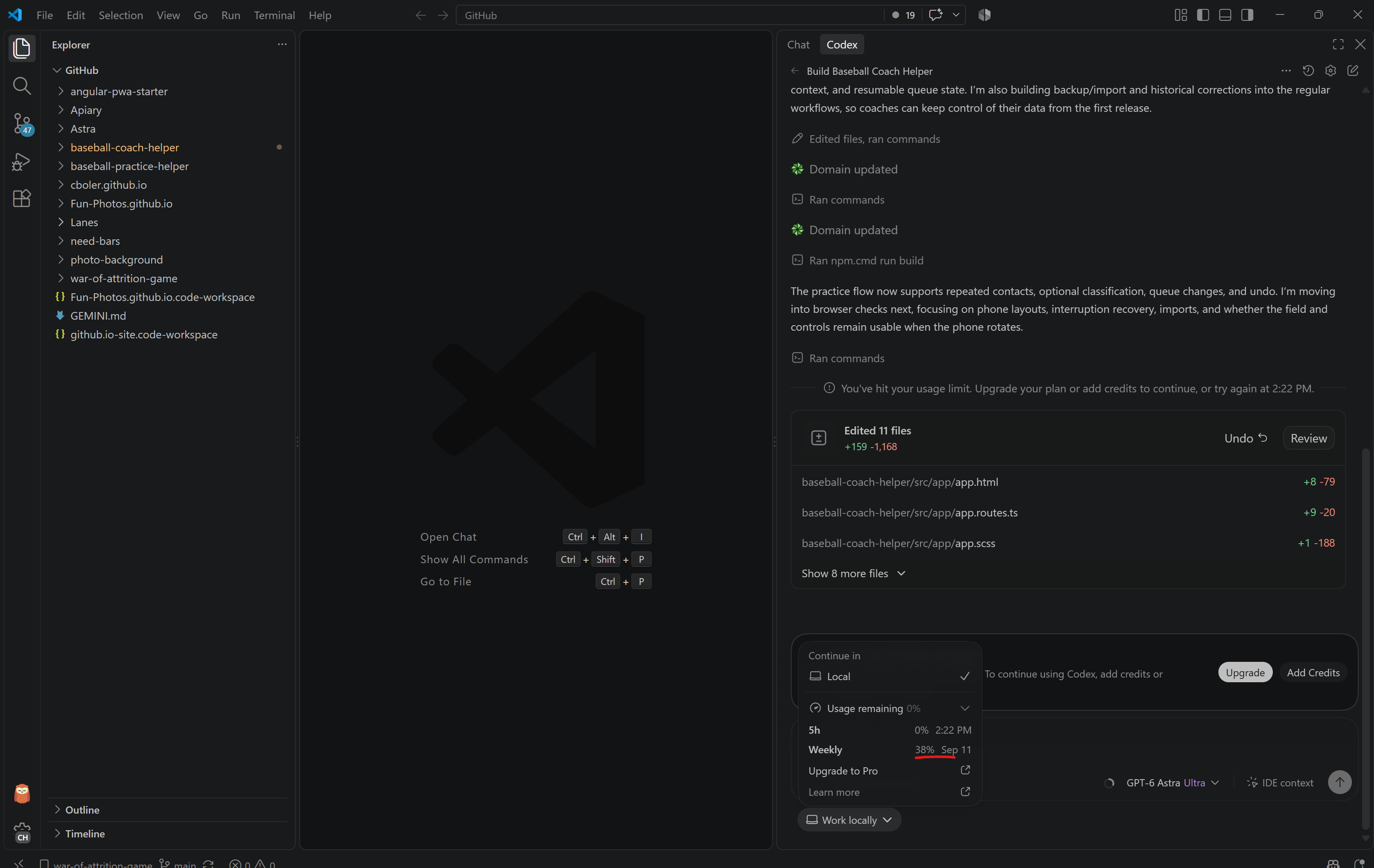 Codex showing usage limit hit at 2:22 PM with 0% 5-hour quota remaining
