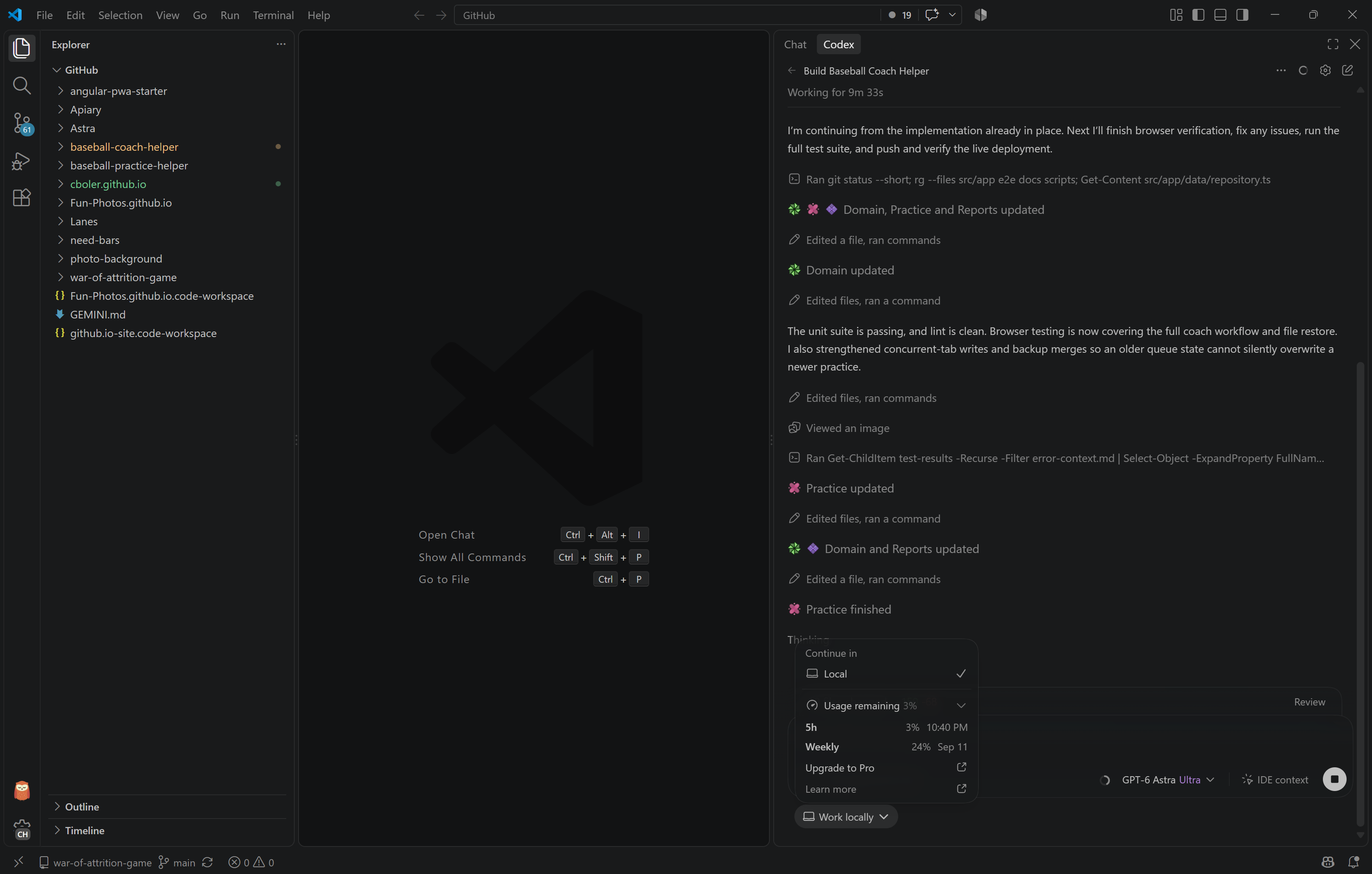Codex resuming work on Baseball Coach Helper with 3% remaining