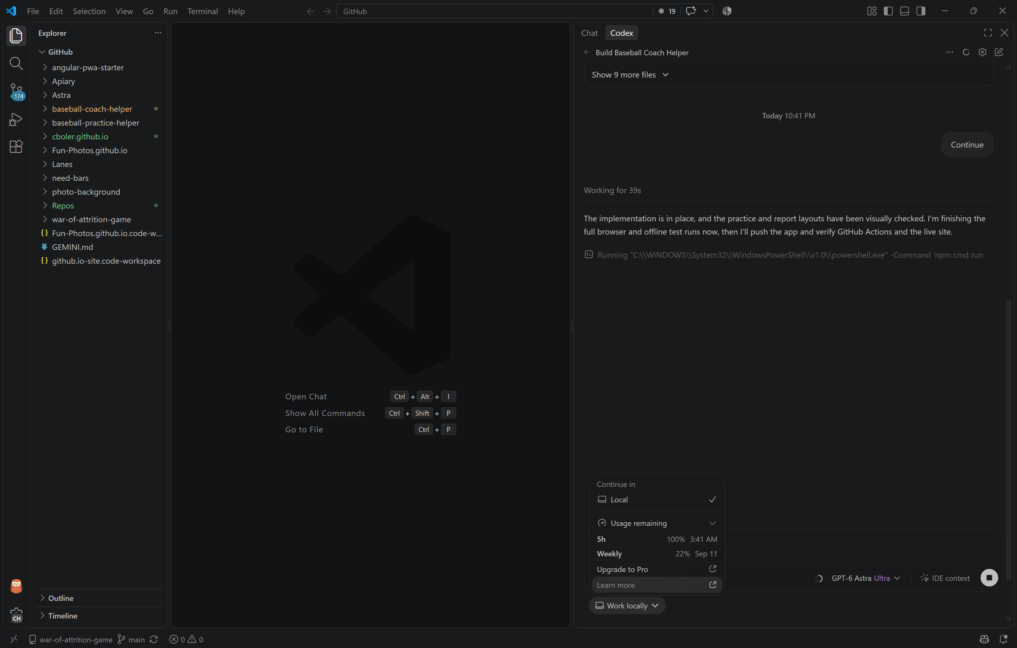 Codex showing a fresh 100% 5-hour quota allocation at 10:41 PM