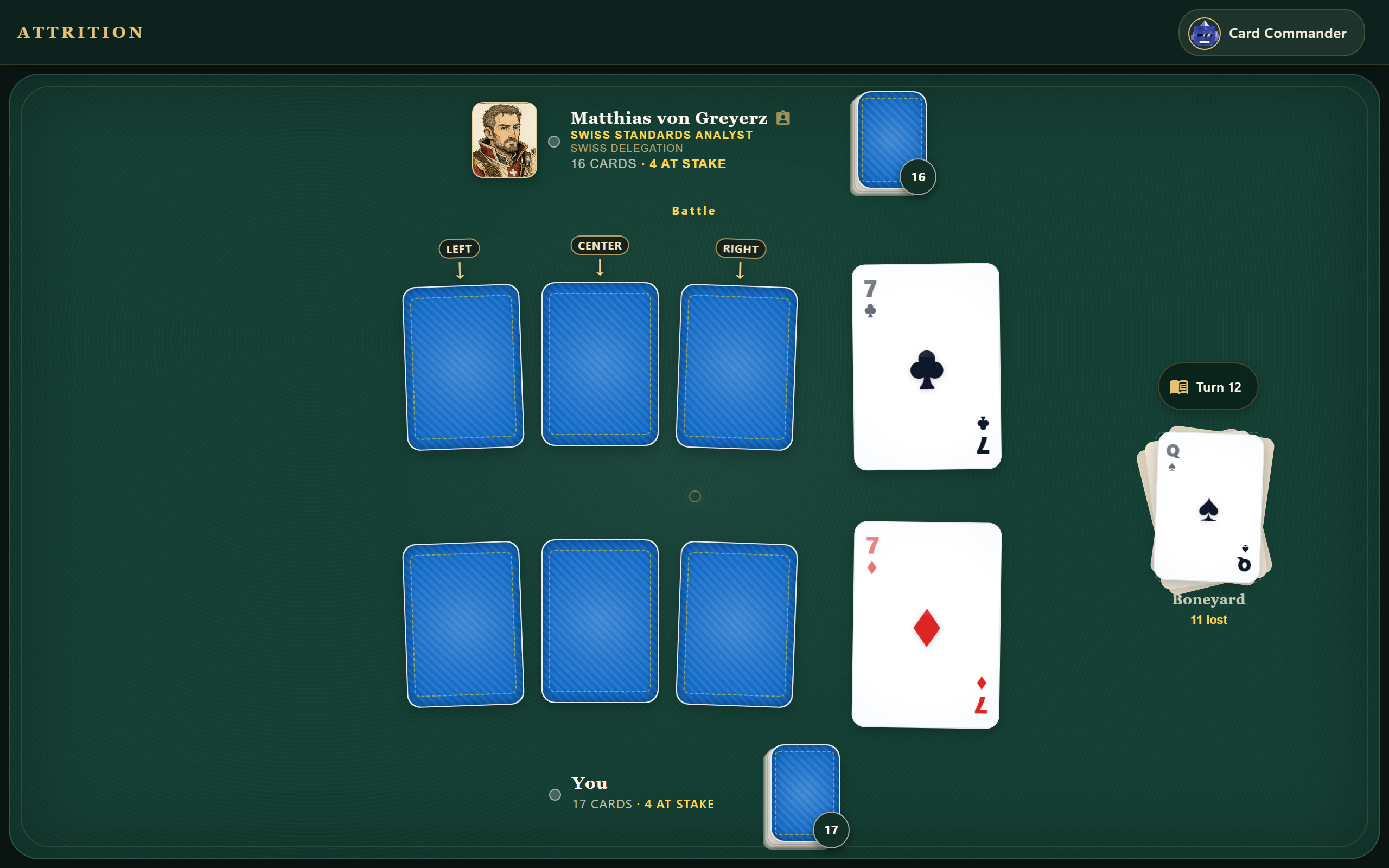 Equal Sevens have triggered a Battle. Each side has committed three face-down cards, and the opponent's targets are labeled left, center, and right.