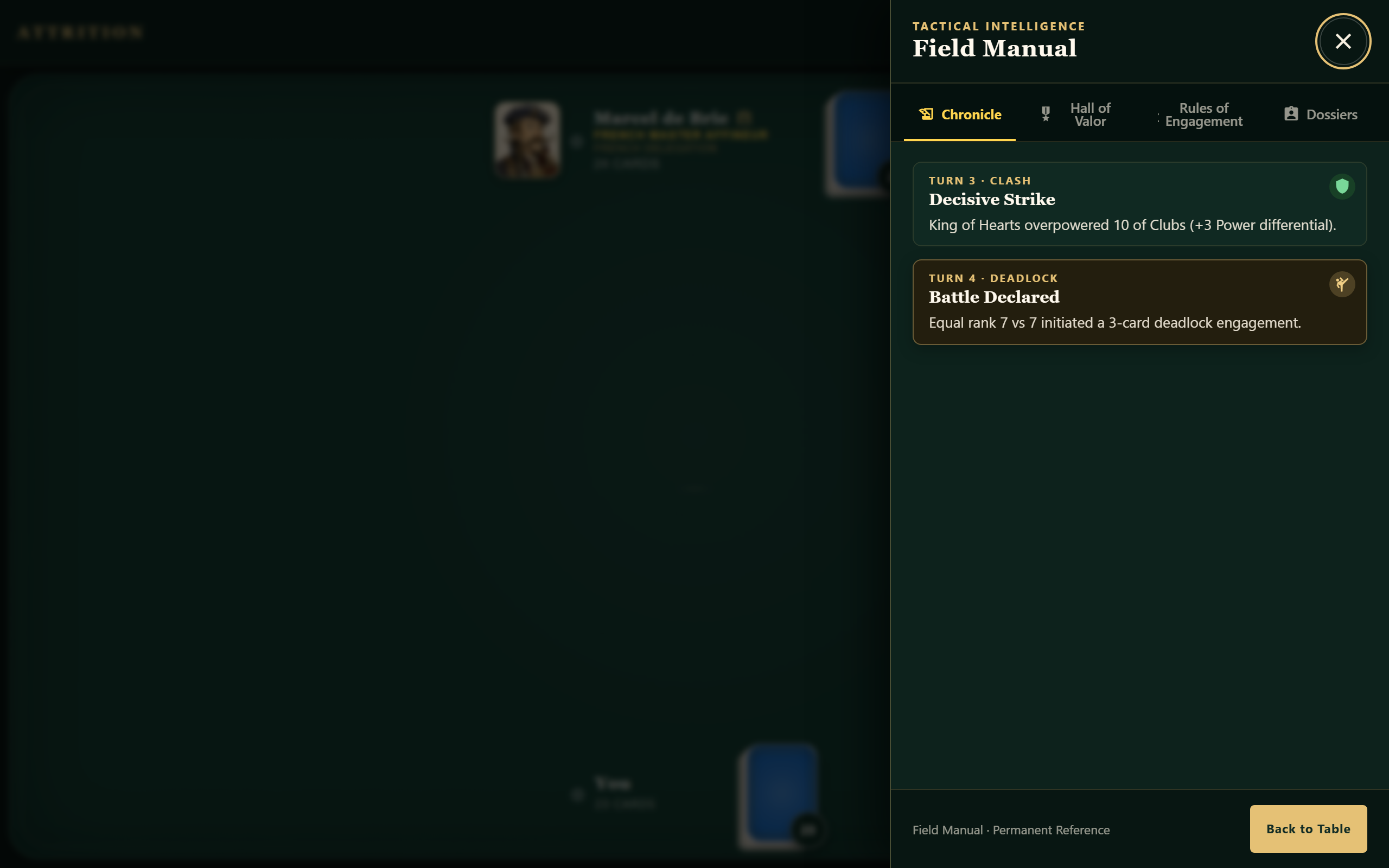 The Field Manual open to its Chronicle, recording a decisive clash and a Battle triggered by equal Sevens.