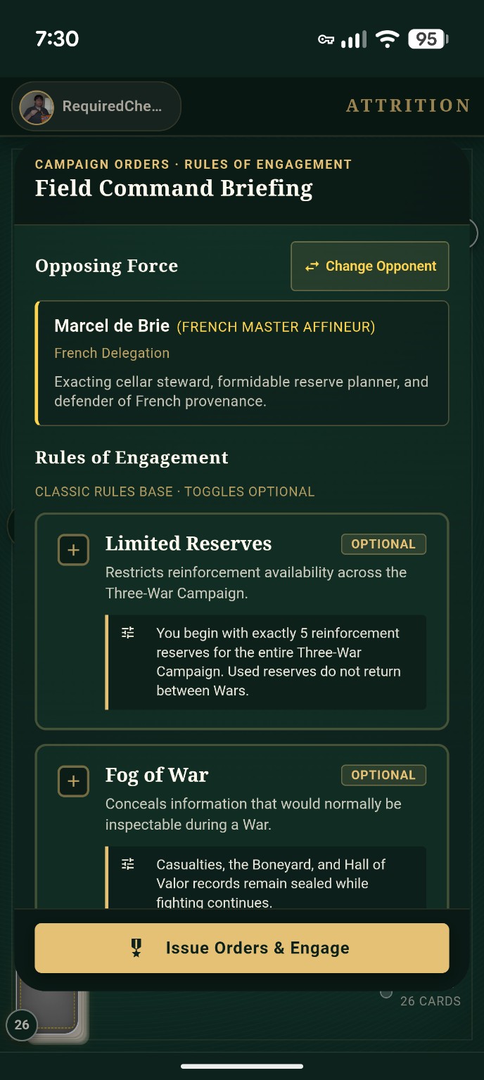 Phone screenshot of the Campaign Orders briefing, marked with three numbered callouts