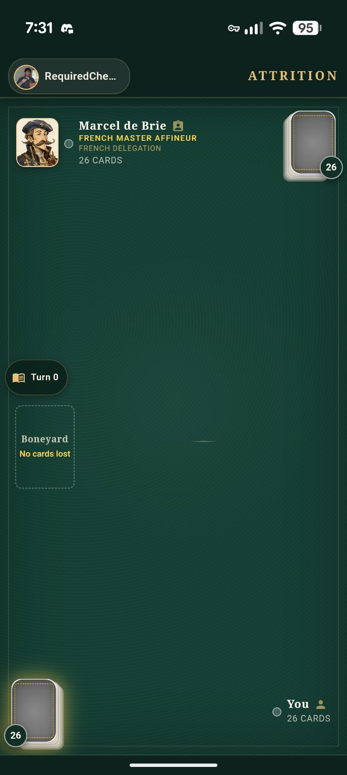 Phone screenshot of the empty Attrition table before the first clash, marked with six numbered callouts