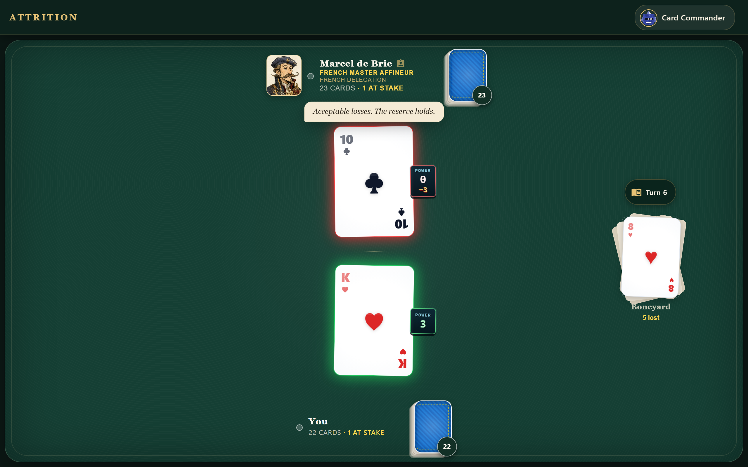 Attrition's green felt table, with Marcel de Brie facing the player and a King of Hearts defeating a Ten of Clubs.