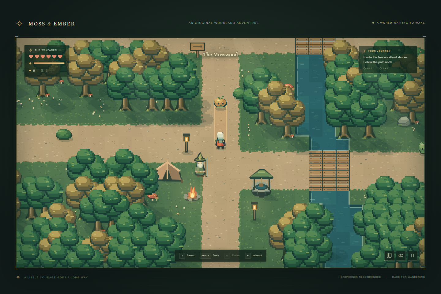 The wayfarer exploring the pixel-art woodland in Moss & Ember