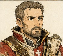 Portrait of Matthias von Greyerz, a stern Swiss commander carrying a rolled document
