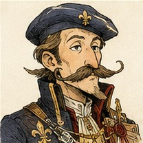 Portrait of Marcel de Brie, a mustachioed French commander wearing a dark beret and decorated coat